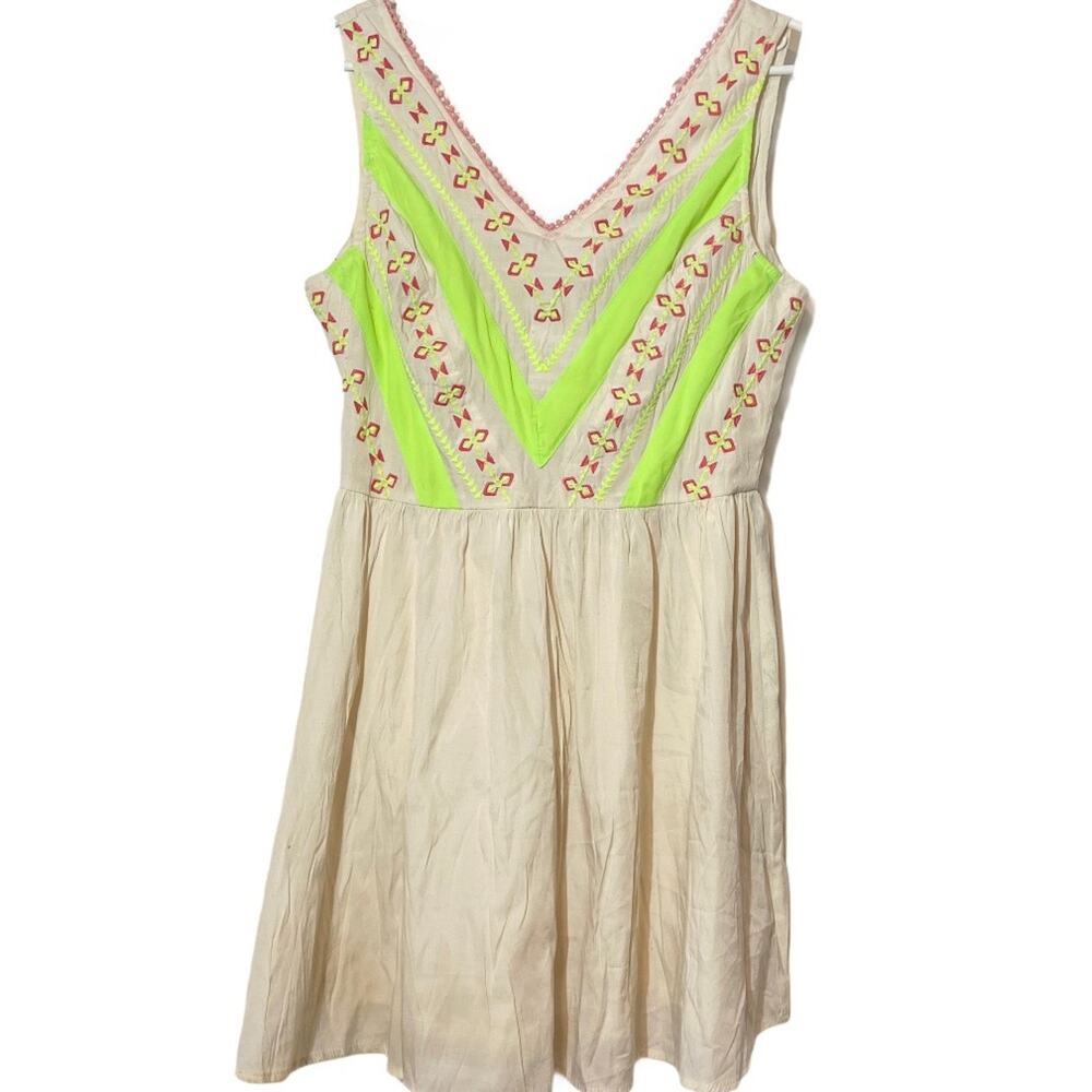 Ark & Co Dress Fit & Flare Embroidered Tank V-Neck Cream Neon Green Medium